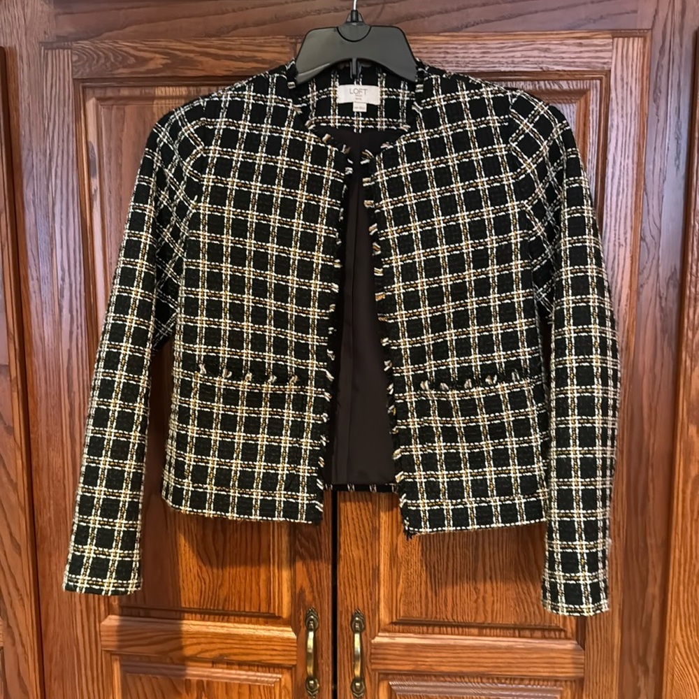 LOFT Black and White Tweed Cropped Blazer